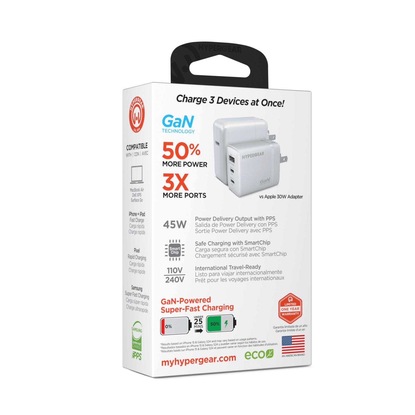 HyperGear SpeedBoost 45W USB-C PD Tri-Port GaN Fast Wall Charger with PPS