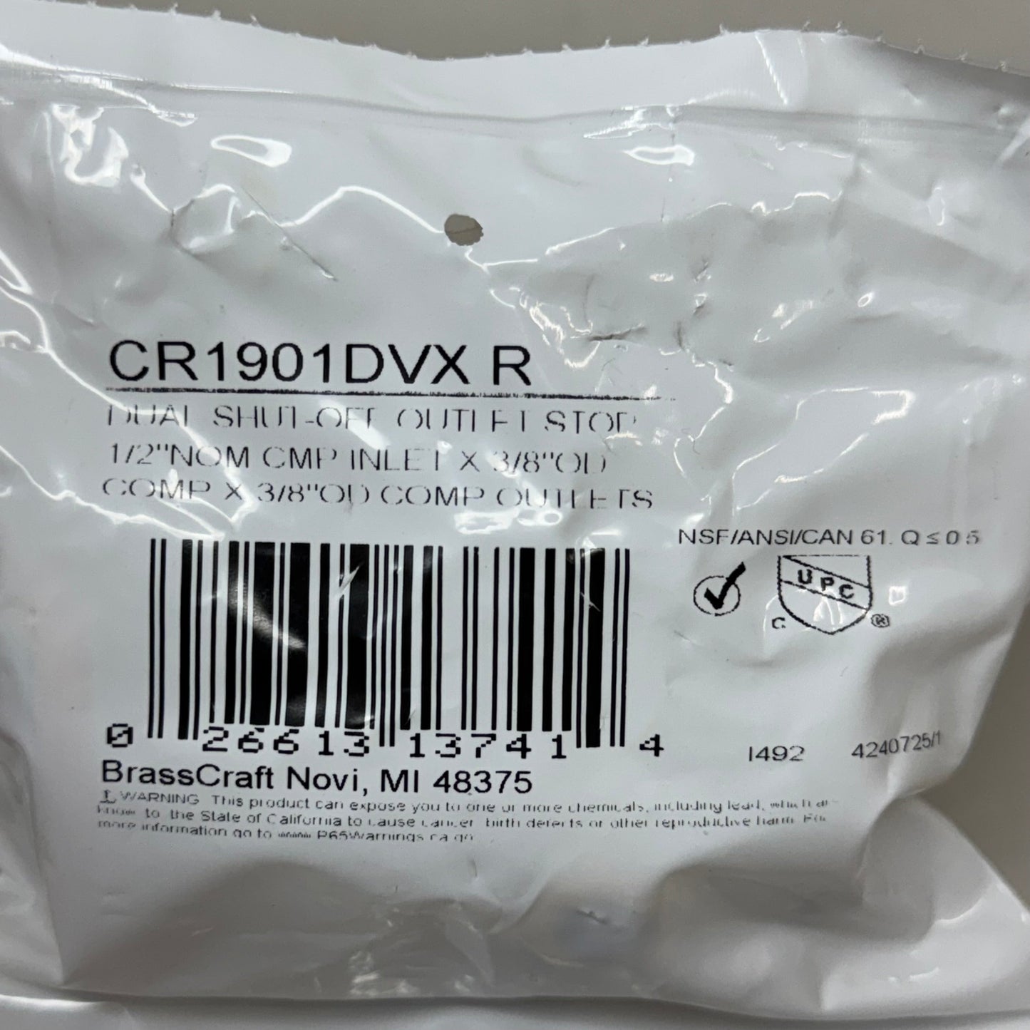 BRASSCRAFT Dual Shut Off Outlet Stop 1/2" NOm CMP In X 3/8" OD COMP CR1901DVXR