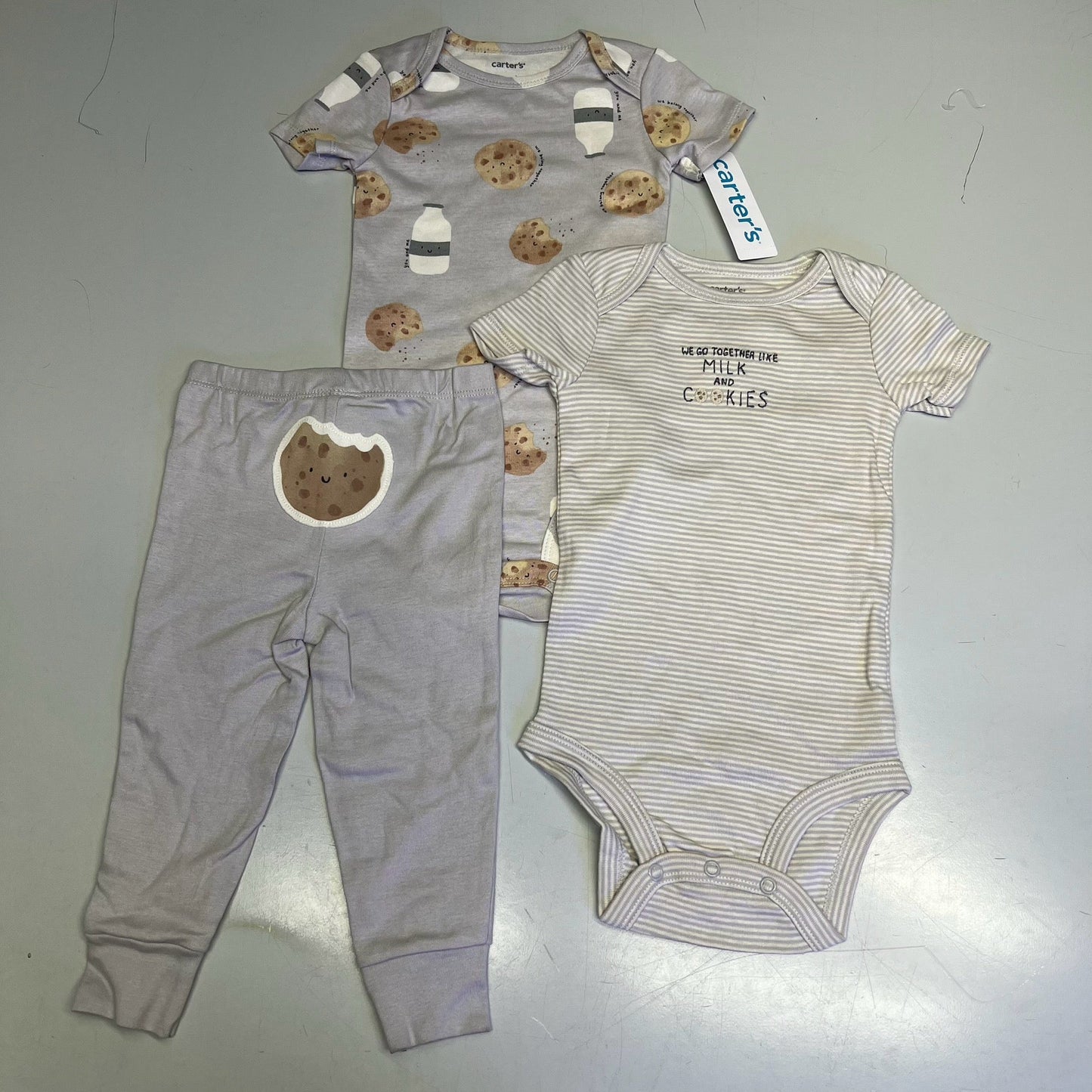 CARTERS (SET OF 3) 100% Cotton Milk & Cookies Set  Baby's Sz 12M Grey 1T122410