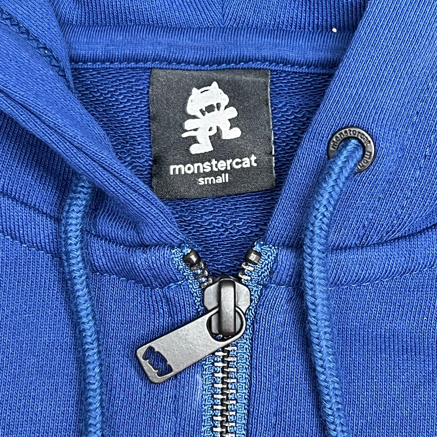 MONSTERCAT Records Full Zip Hooded Jacket W/ Printed Back Men's Sz S Blue