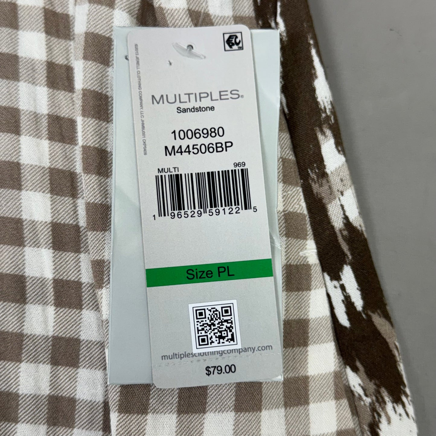 MULTIPLES Button-Up Plaid Shirt w/Cuff Petite Women's Sz PL Brown/Cream M44506BP