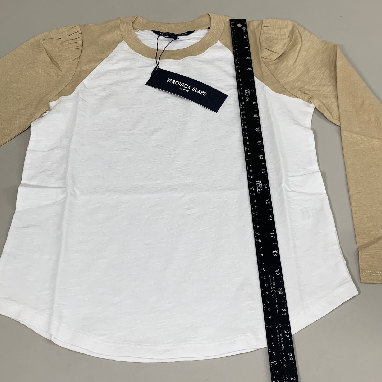 VERONICA BEARD Jeans Women's Mason Baseball Tee Sz-XS Stone Khaki/White