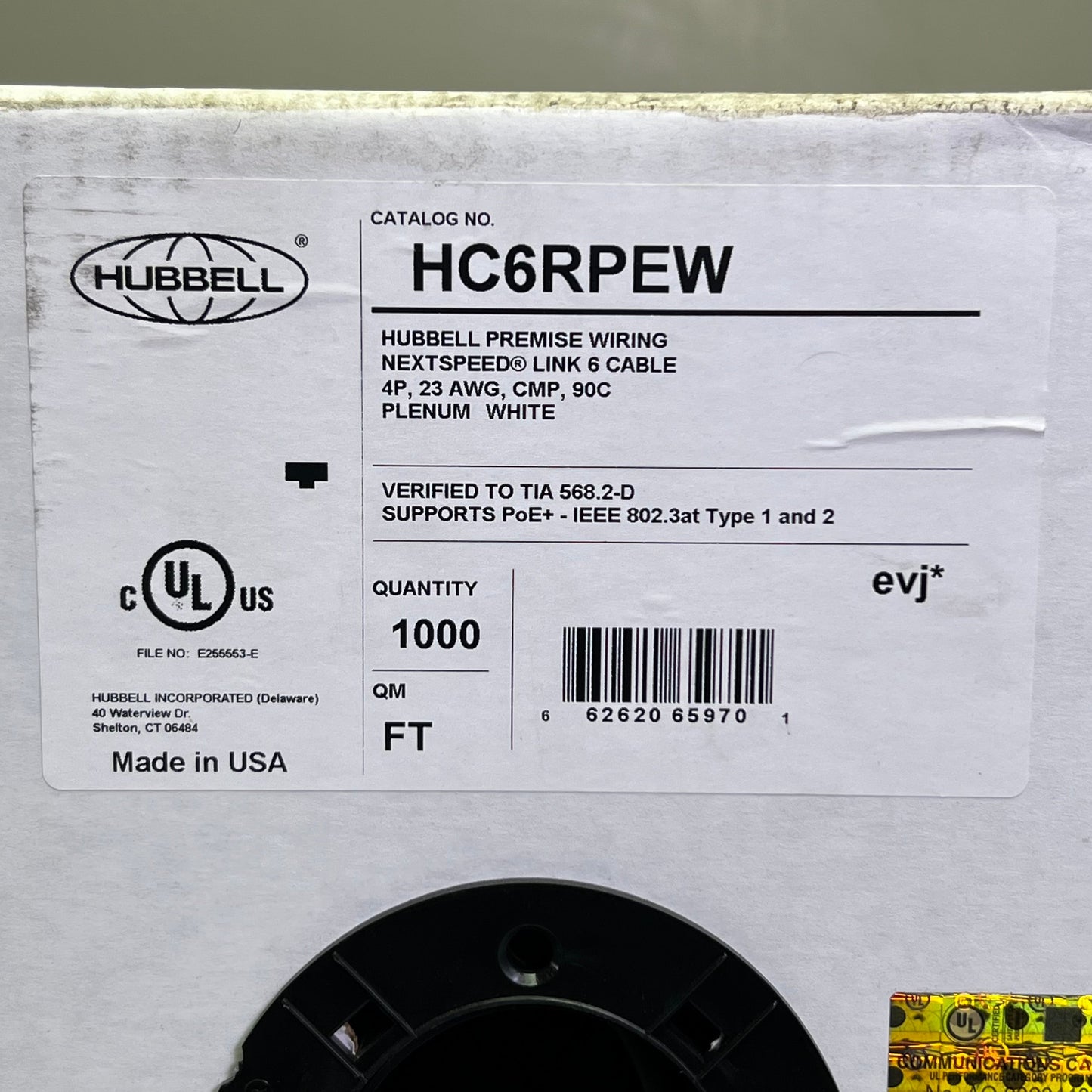 HUBBELL UTP Cable 23 AWG 4 Pair CMP Plenum 1000 ft, White HC6RPEW