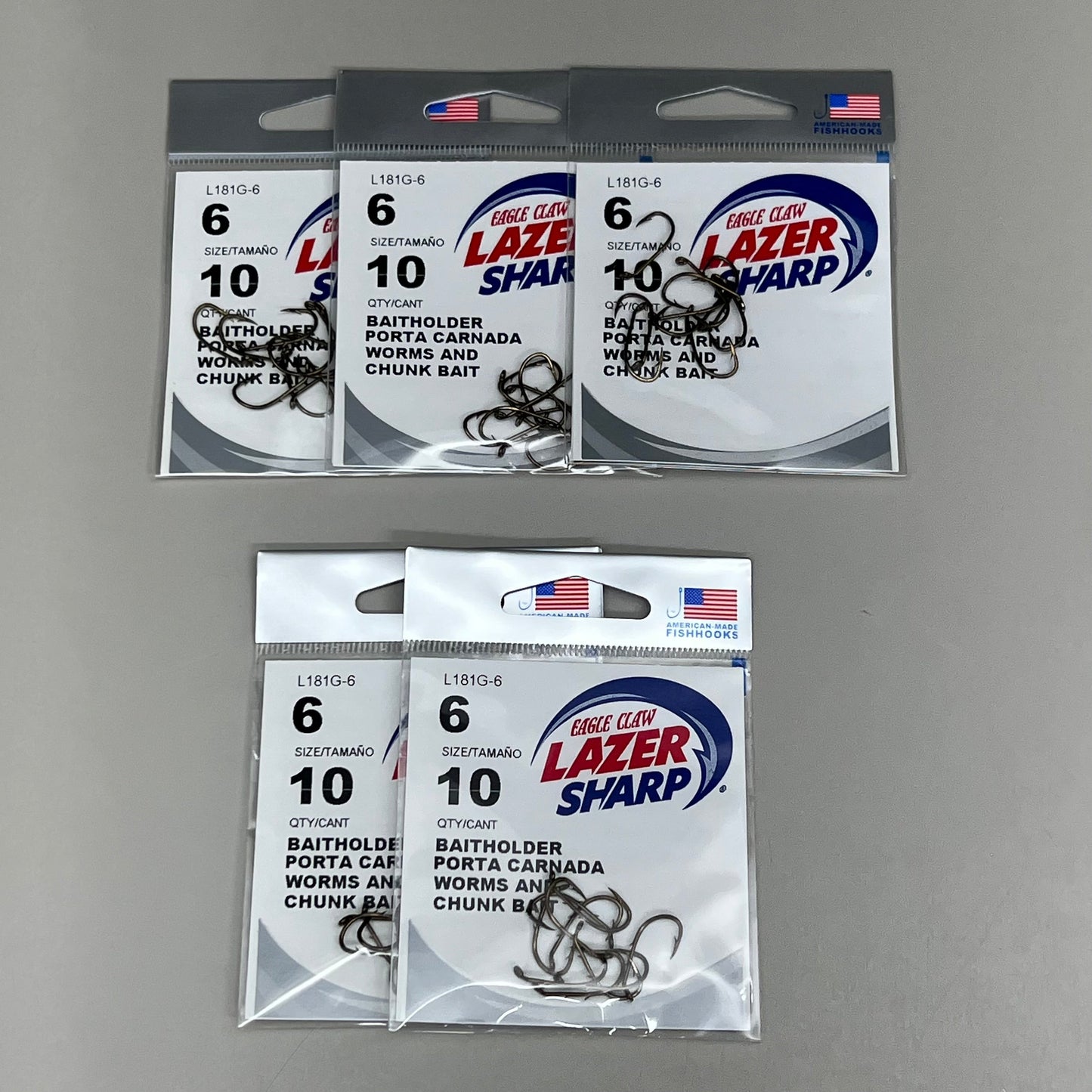 EAGLE CLAW (5 PACK) Sharp Worms & Chunk Baitholder Hook Bronze #6 10pc L181G-6
