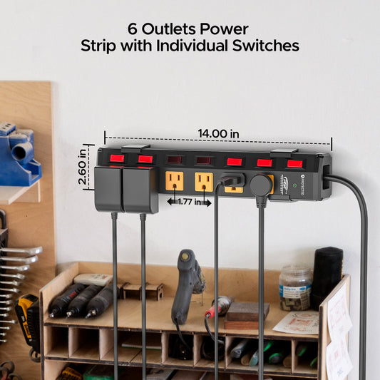 CRST 6-Outlet Metal Power Strip | 6 Individual Switches + Master Switch, Versatile Mounting System, 1200J Surge Protector, 45° Flat Plug, SGS Certified