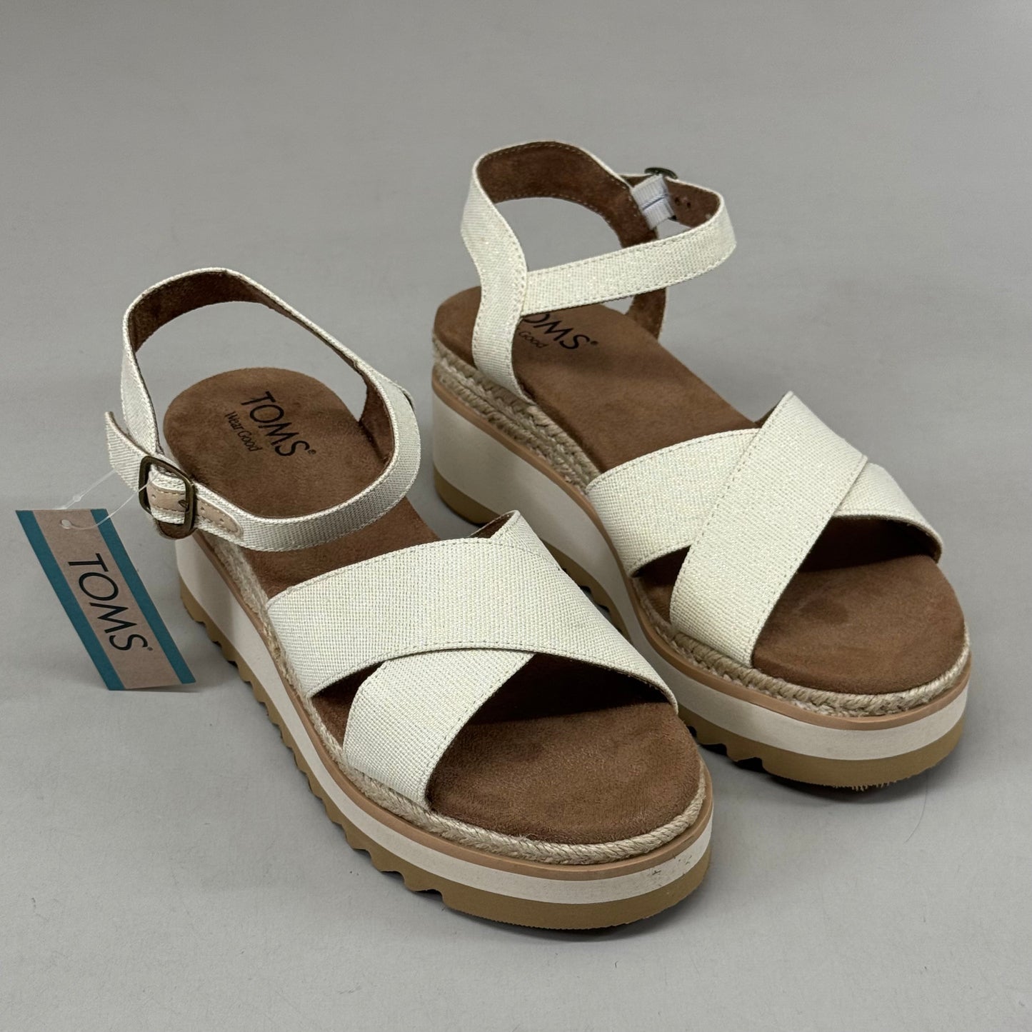 TOM'S Noelani Platform Wedge Sandals Women's Sz 8 EU38.5 Natural/Gold  10022418