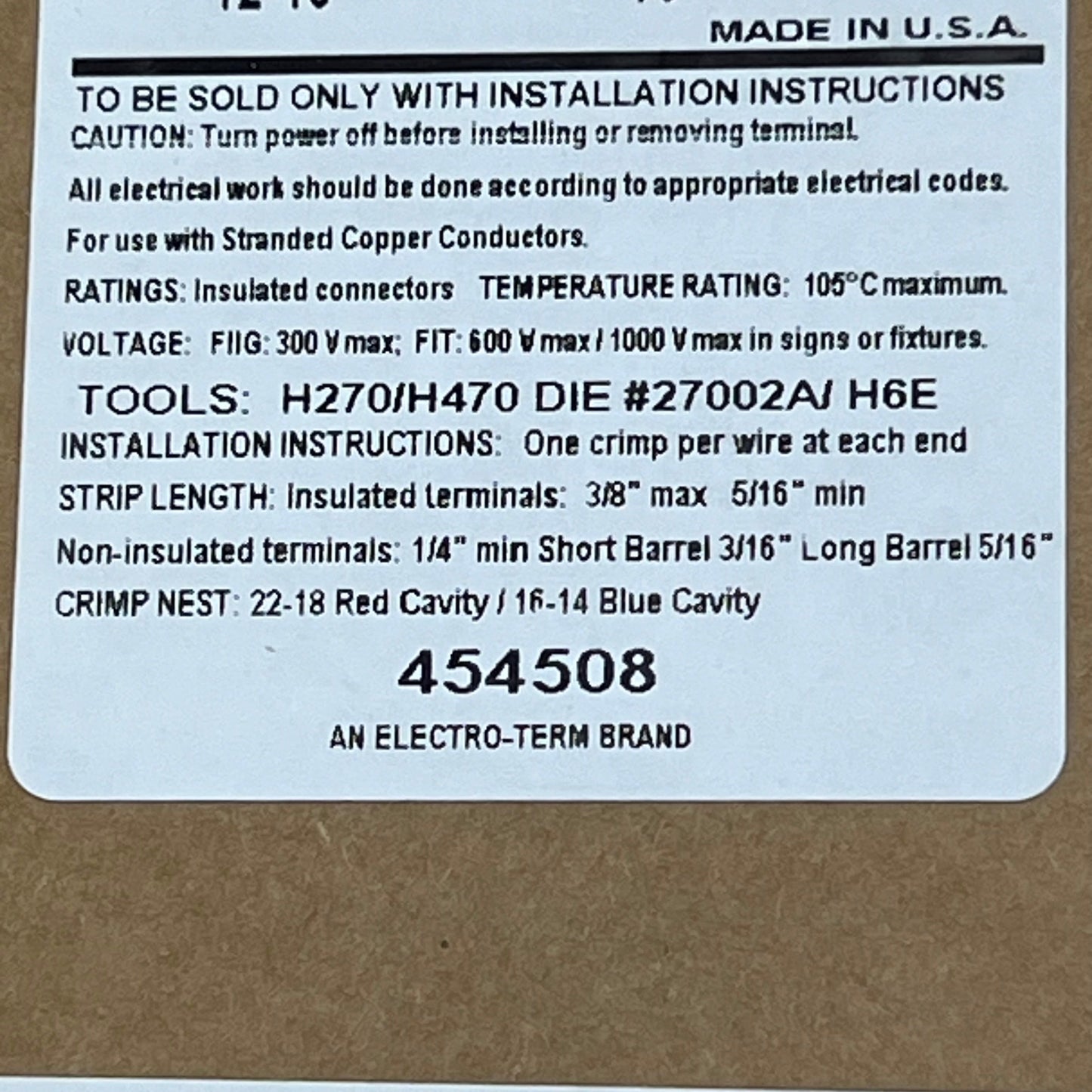 ELECTRO TERM (2000 ROLL) Hollingsworth Solderless Terminals 12-10 XR5109NT-MATTE