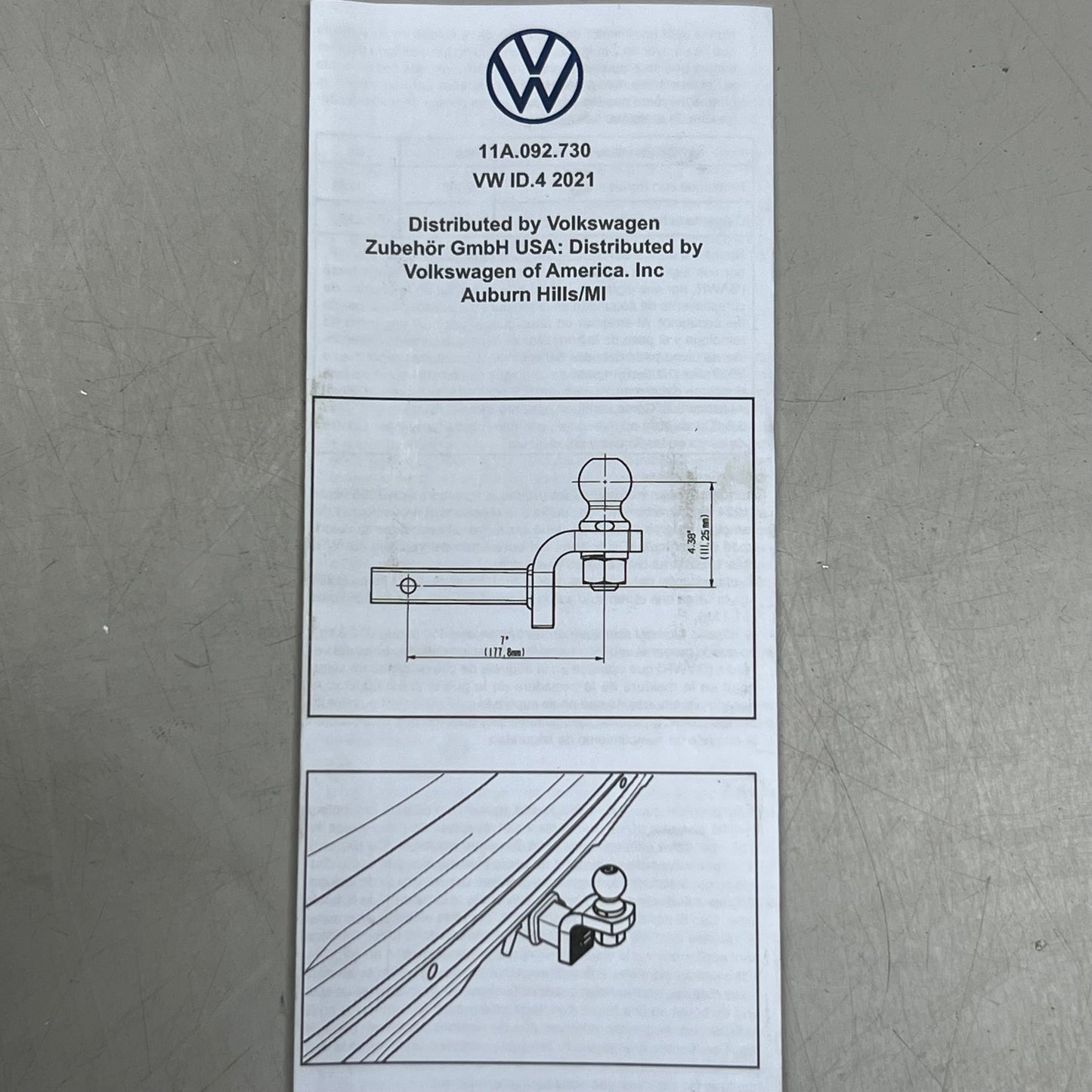 VOLKSWAGEN Trailer Hitch Ball And Ball Mount Sz 9" L x 7" H, 11A.092.730