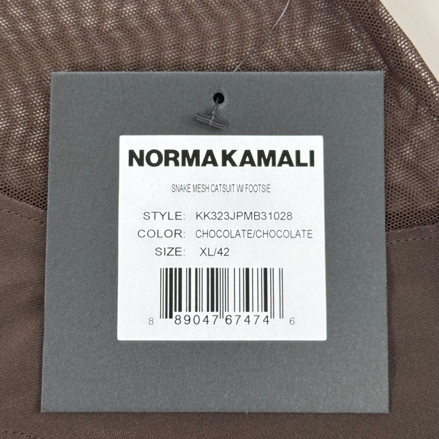 NORMA KAMALI One Shoulder Snake Mesh Catsuit Footsie Women's Sz XL/42 Chocolate