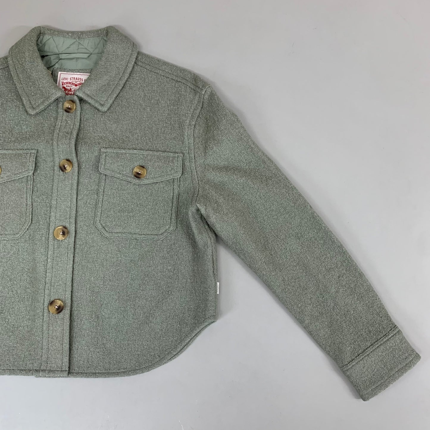LEVI'S Front Button Cropped Jacket W/ Laydown Collar Women's Medium Tea Green 595450040