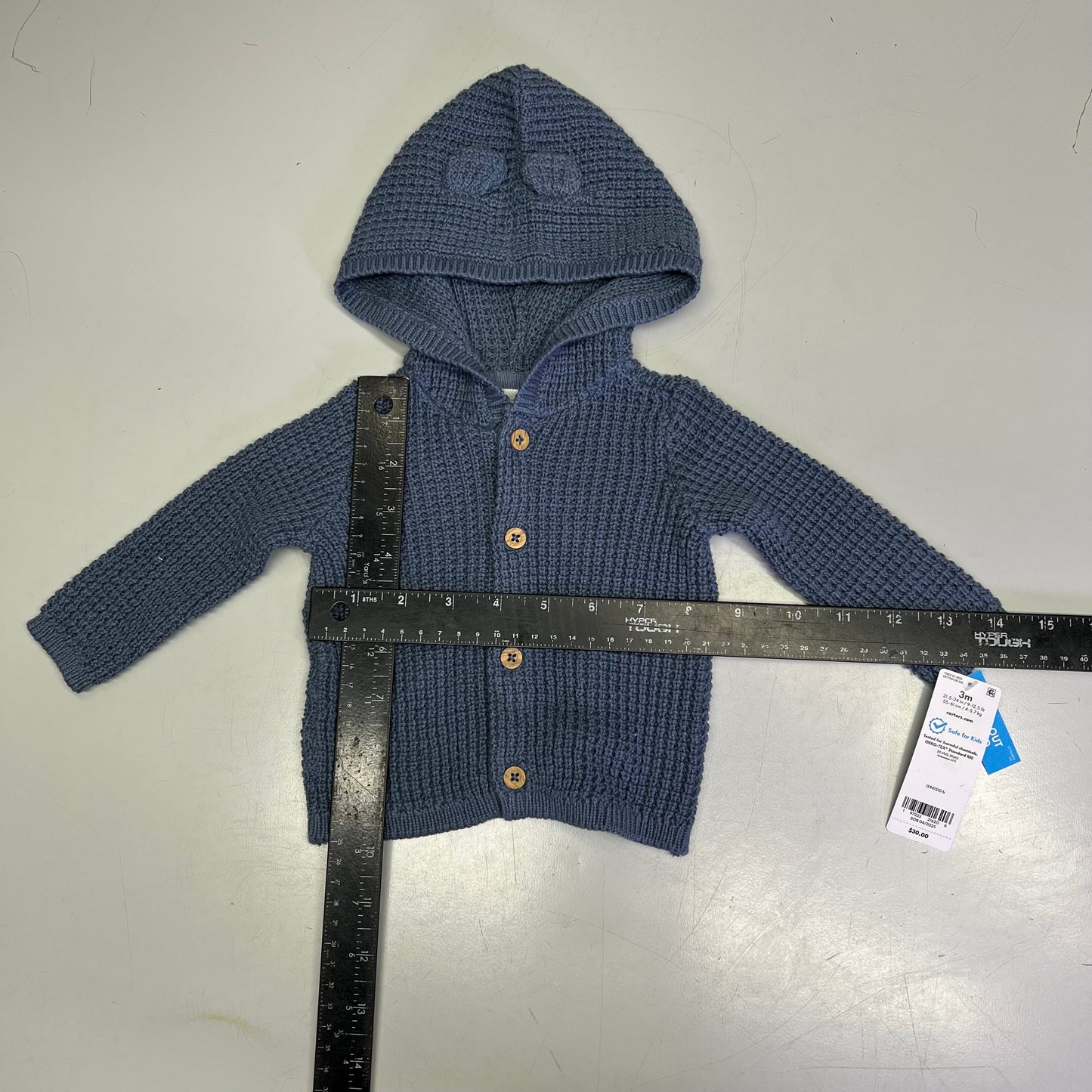 CARTERS Hooded Button Up Waffle Knit Cardigan Boy's Sz 3M Navy Blue IS941510