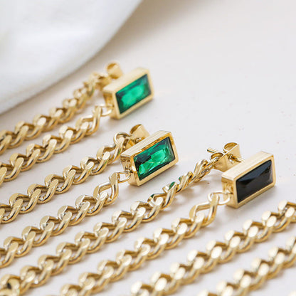 Dangle Chain Earrings with Cubic Zirconia Emerald and Gift Pouch