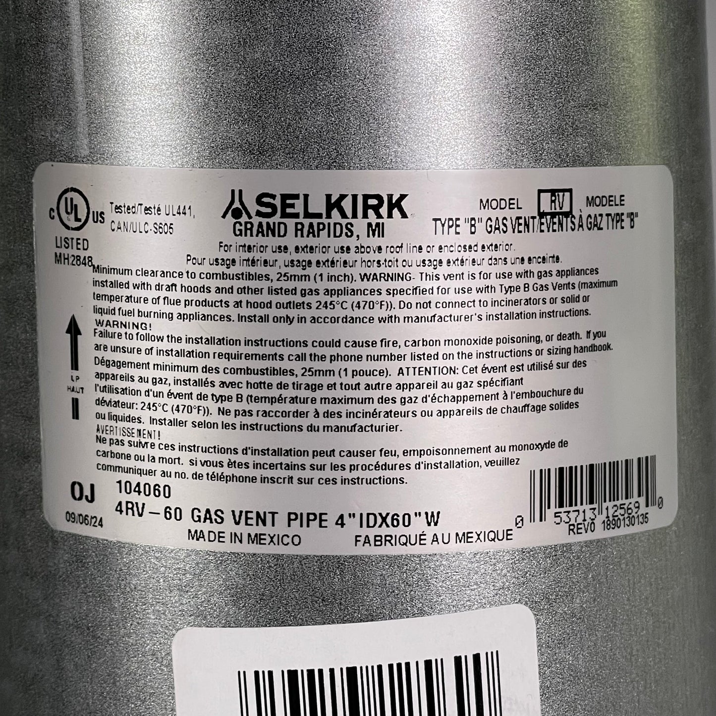 SELKIRK (6-Pack) Duravent Locktab Double Wall Round Gas Pipe 4" Dia x 5' L Steel 4RV5