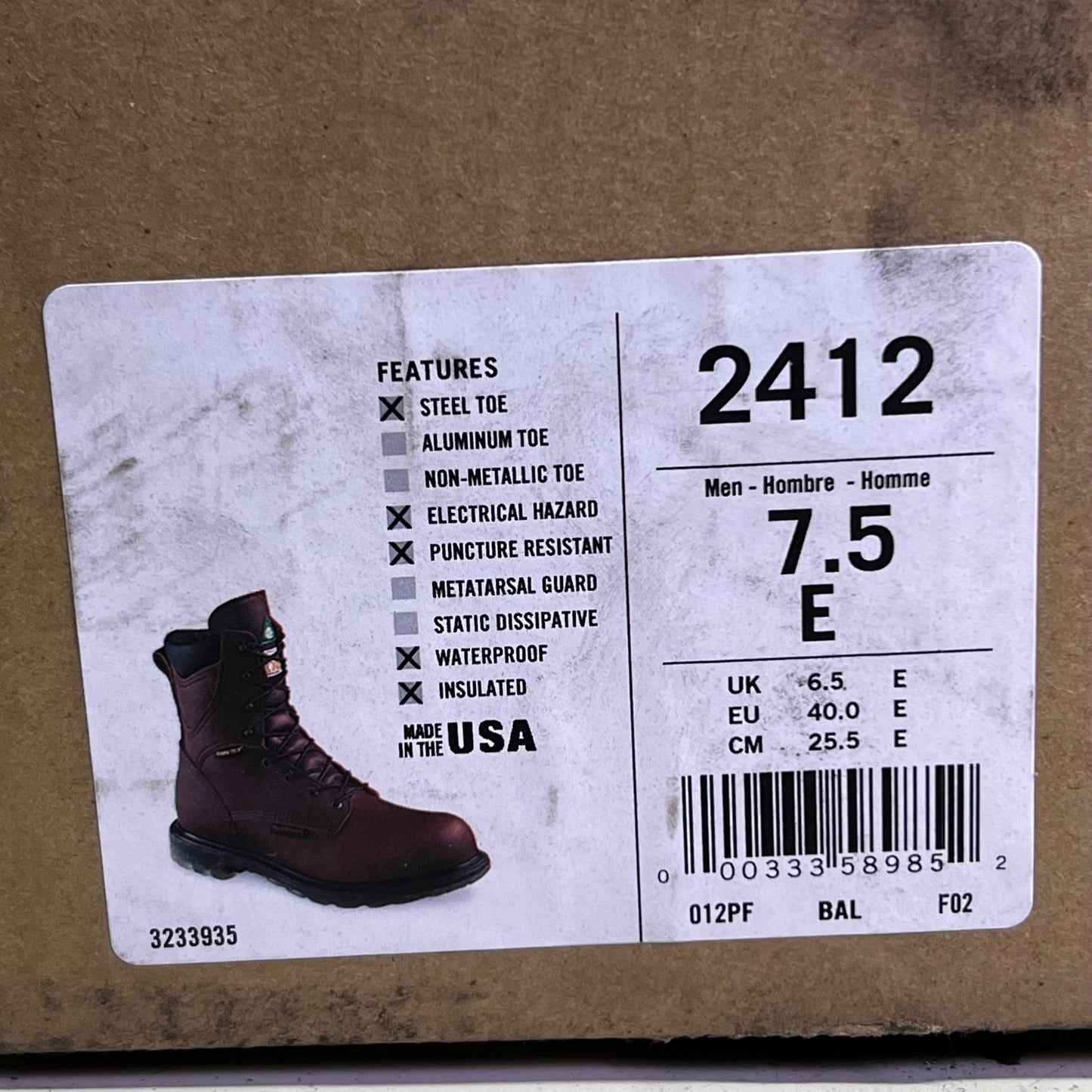 RED WING SHOES  Men's Sz 7.5 Insulated, Waterproof CSA Safety Toe Boot, Brown 2412 (New Other, Dirty Box)