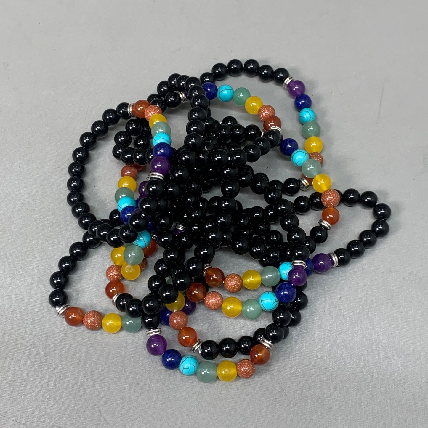BEST WHOLESALE (12 PACK) Beaded Shiny Black-Rainbow Crystal Bracelets 3" New