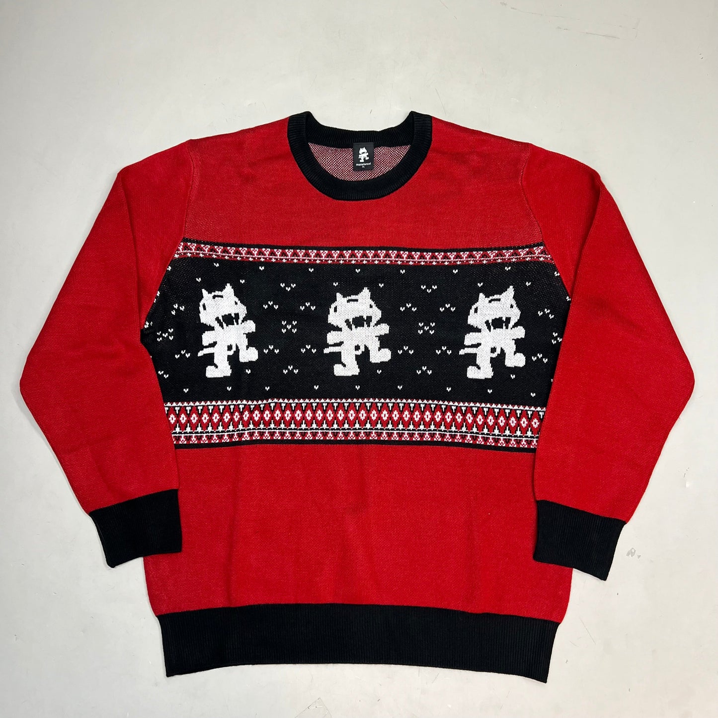MONSTERCAT Records Holiday Intarsia Pullover Sweater Men's Sz S Deep Red/Black