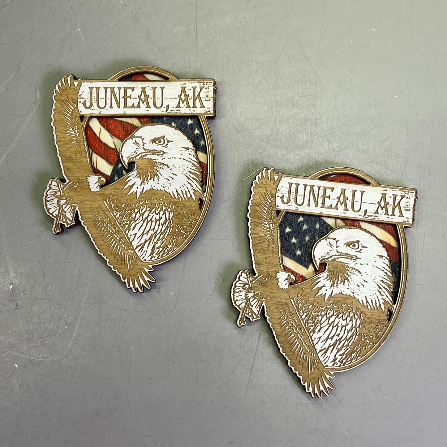 (2 PACK) American Eagle w/ Flag Lasered Wood Magnet Souvenir From JUNEAU, AK