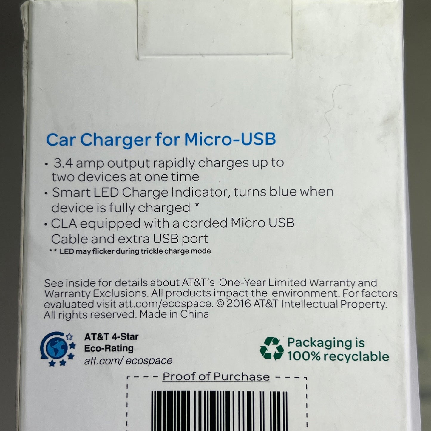 AT & T Single USB Secondary & Corded Micro Car Charger LED 3.4Amp Black 4899