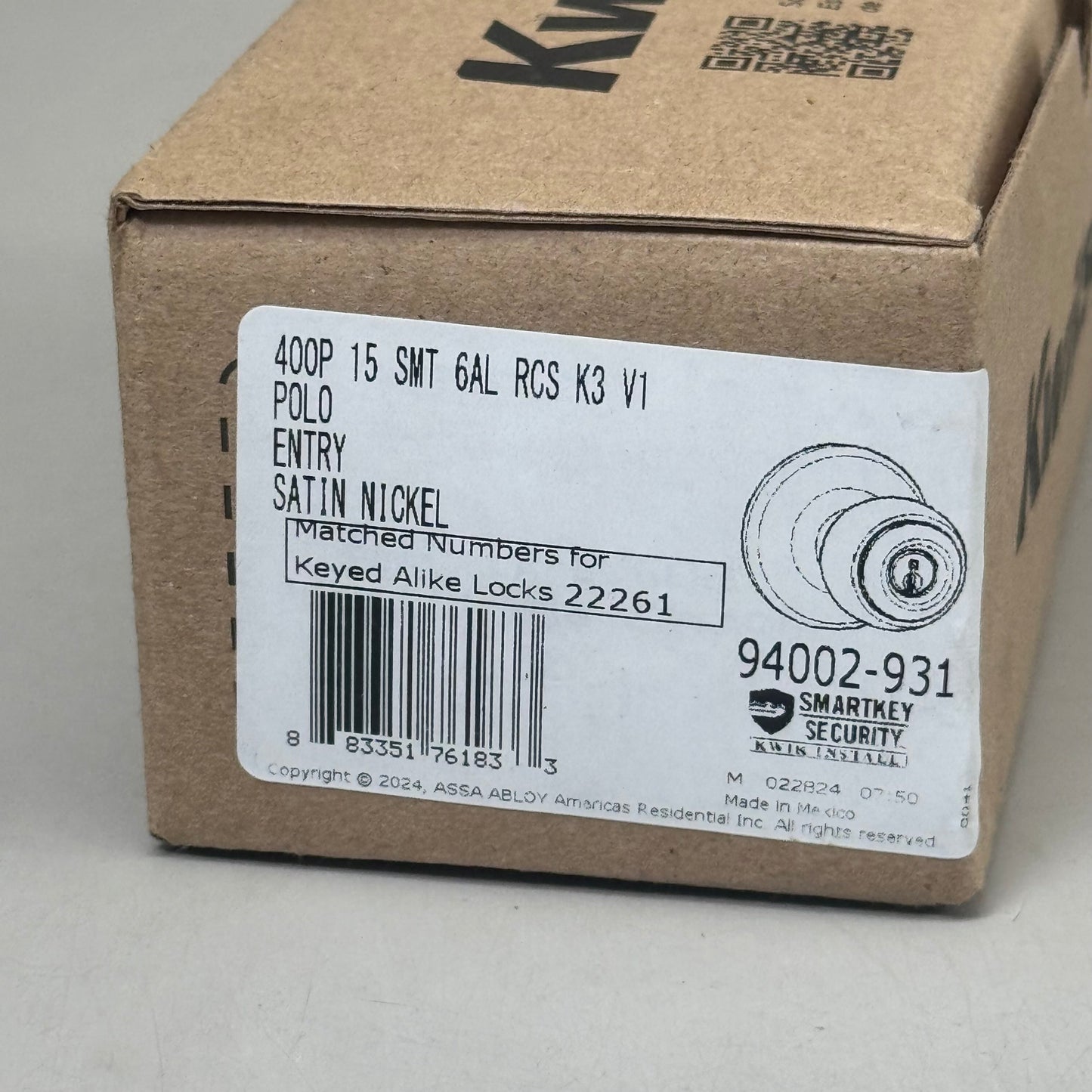 KWIKSET Polo Keyed Entry Knob with Smartkey Security In Satin Nickel 94002-931