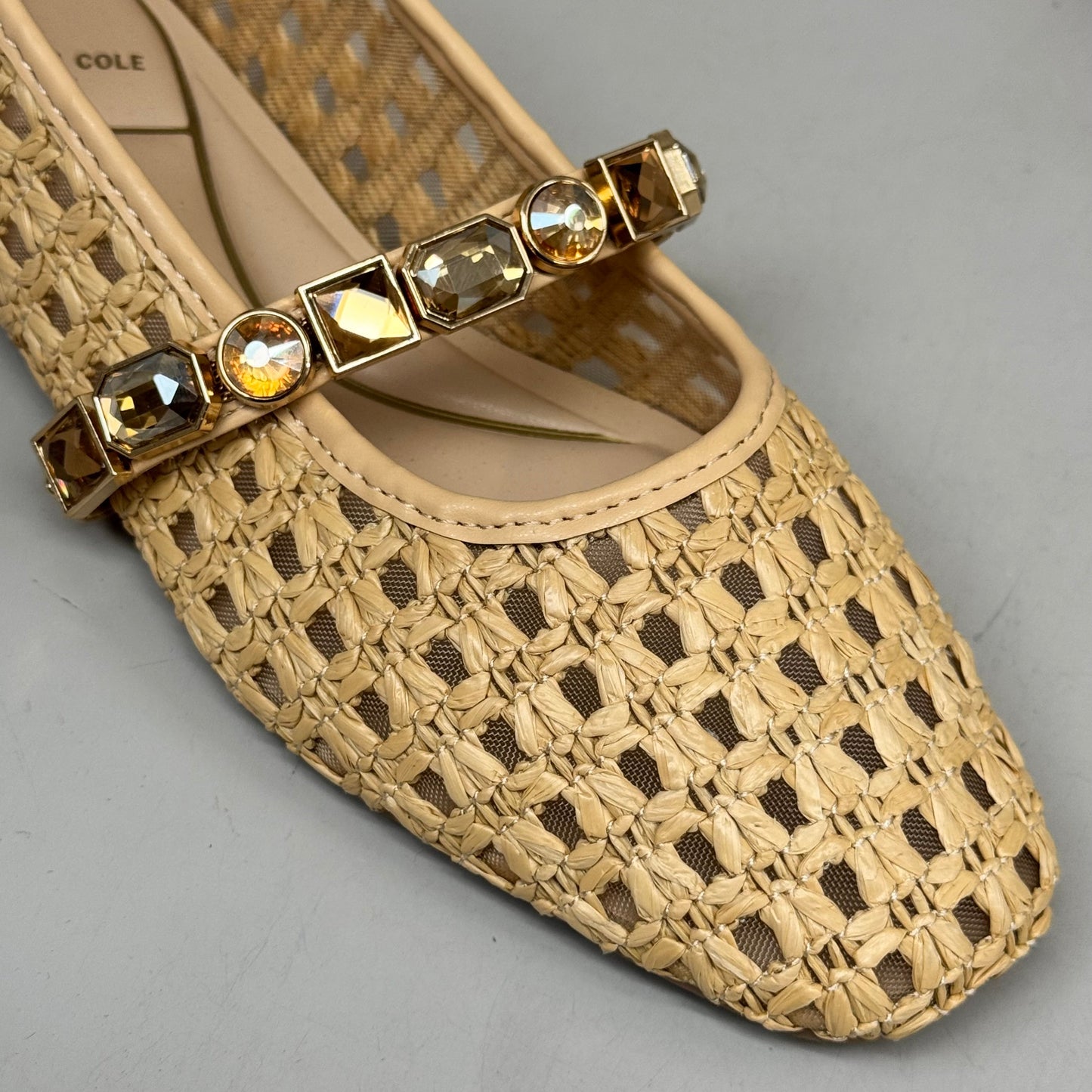 KENNETH COLE  New York Zeta Raffia Jewel Jane Flat Women's Sz 5 Tan KL25ZMJ01