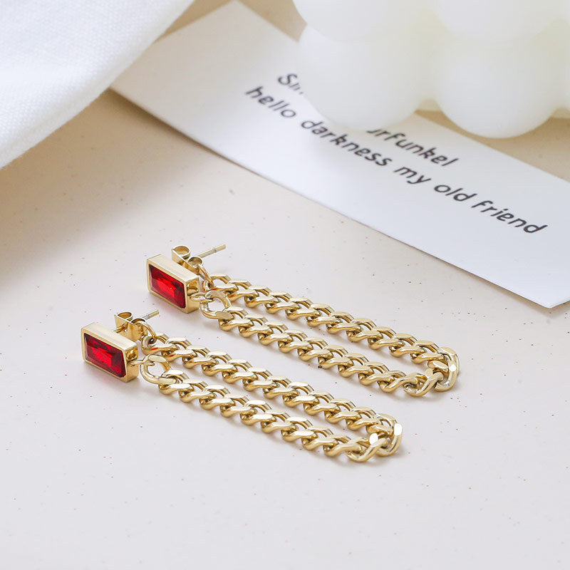 Dangle Chain Earrings with Cubic Zirconia Emerald and Gift Pouch