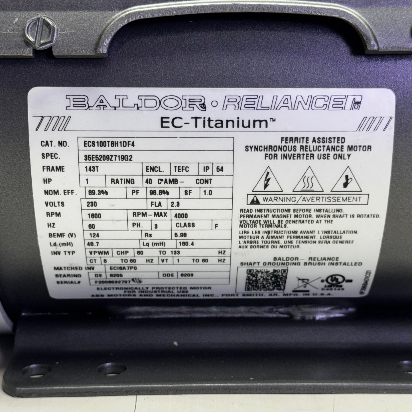 BALDOR RELIANCE Motor 230V/1HP 12"L x 6"W x 11"H Grey EC8100T8H1DF4