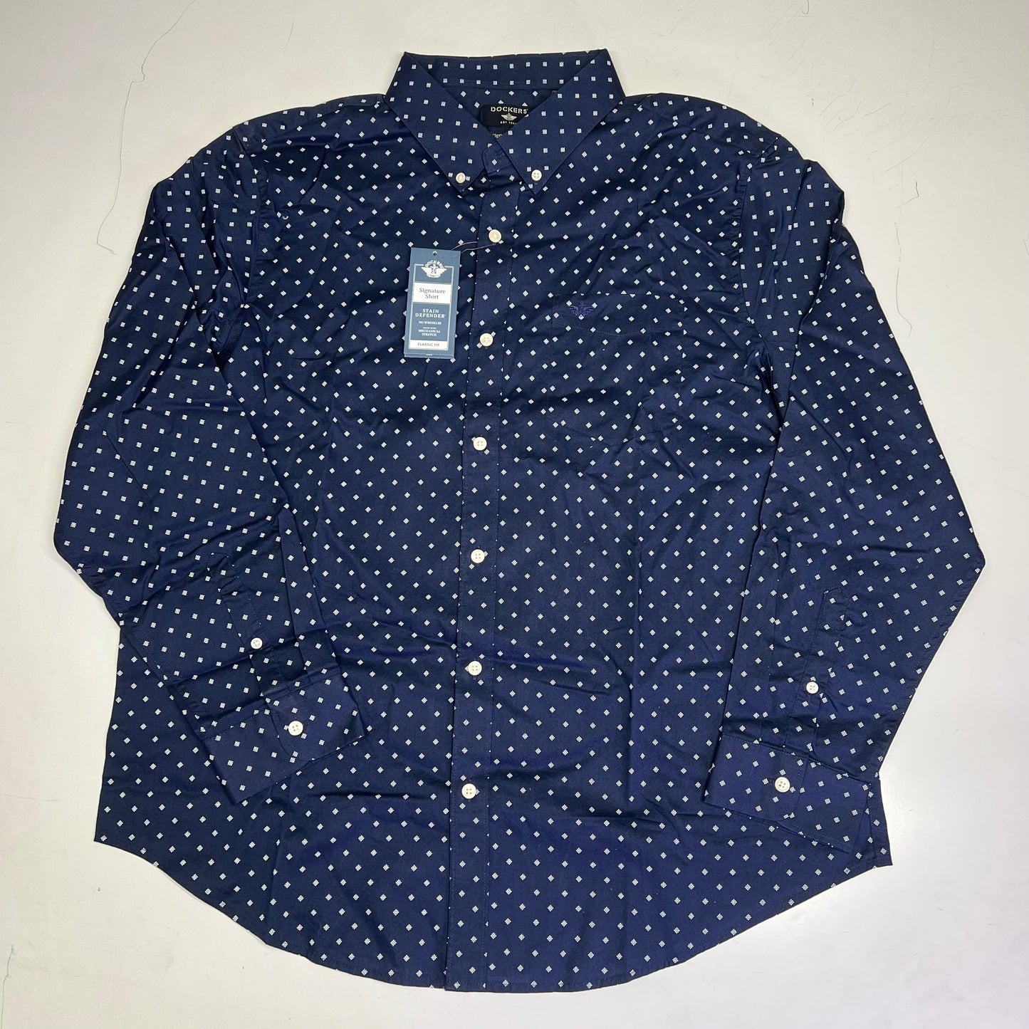DOCKERS Stain Defender Button Up Shirt Daisy Pattern Men's Sz XL Navy Blue