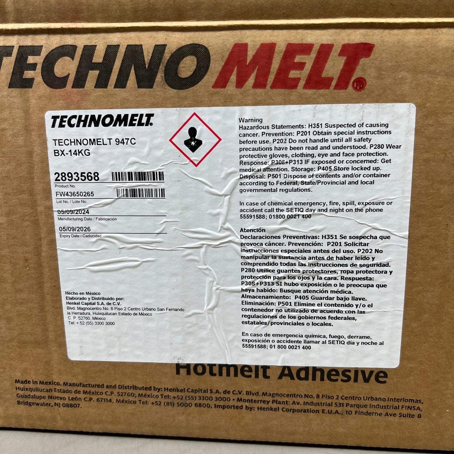 ZA@ HENKEL Techno Melt  947C Hotmelt Adhesive 33.8 LBS Transparent 2893568