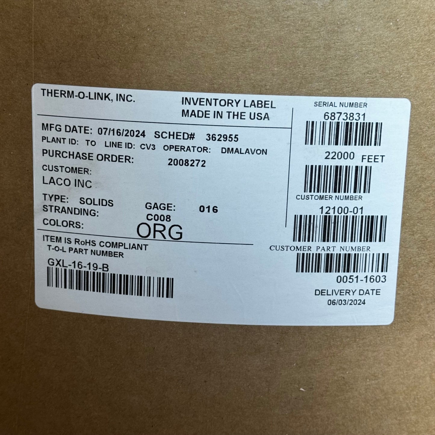 THERM O LINK Insulated Copper Wire 22000 ft Orange GXL-16-19-B (New Other)