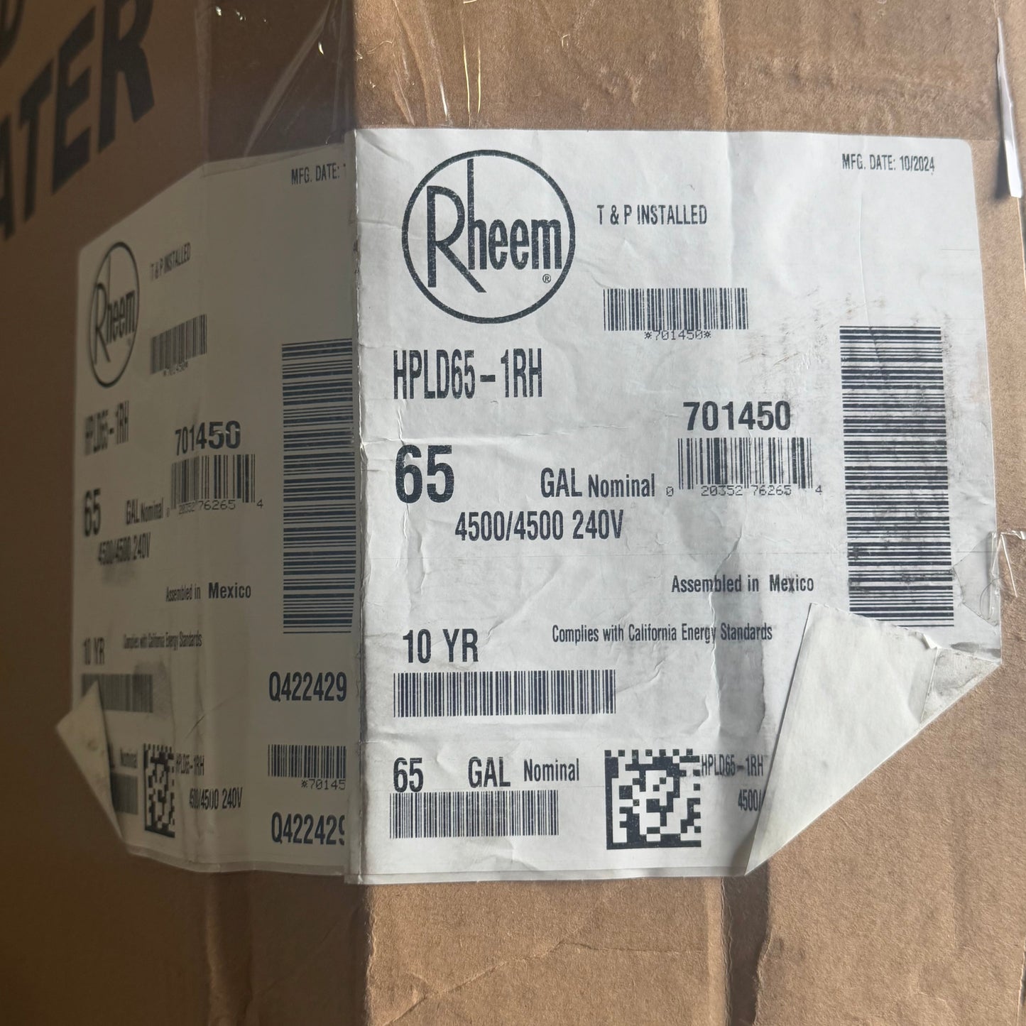 RHEEM Hybrid Electric Water Heater Sz 63” H x 24” D Grey HPLD65-1RH