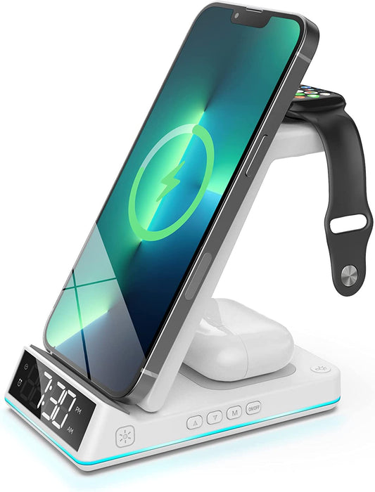 5-in-1 Alarm Clock Wireless Charger for All Apple Devices Foldable Charging Station with Night Light - Charging for iPhone, AirPods and Apple Watch (All Generations) - White