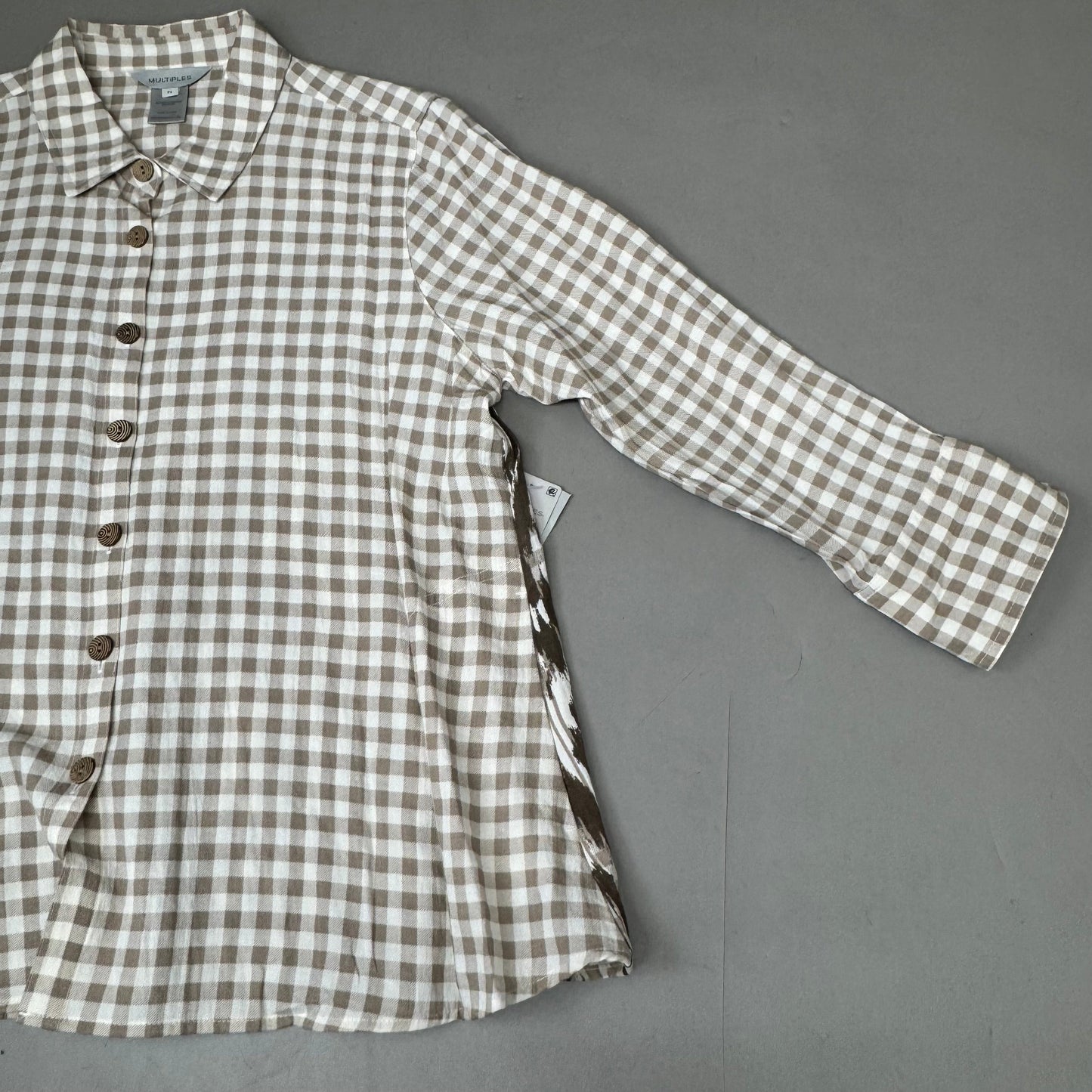 MULTIPLES Button-Up Plaid Shirt w/Cuff Petite Women's Sz PL Brown/Cream M44506BP