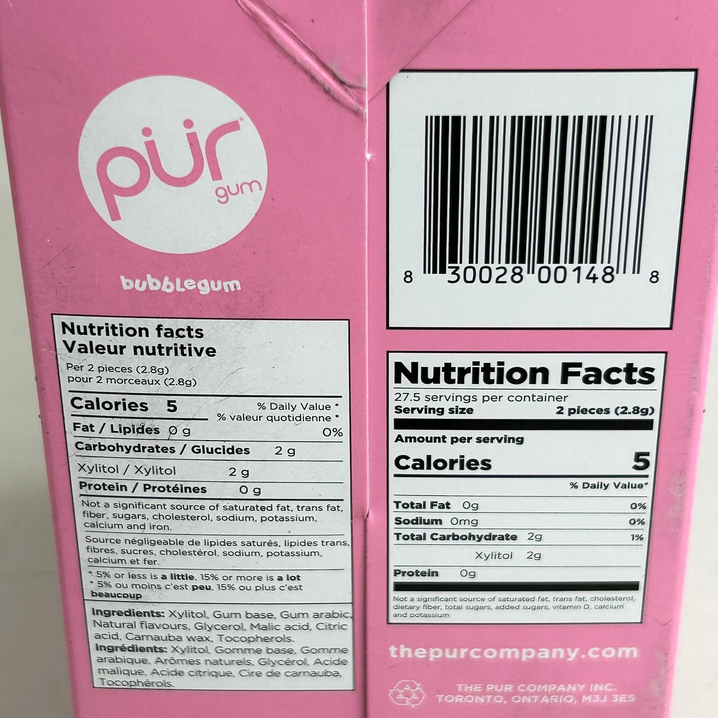 PUR (12 PACK, 55 Pieces Each) Sugar Free BubbleGum Flavored Chewing Gum