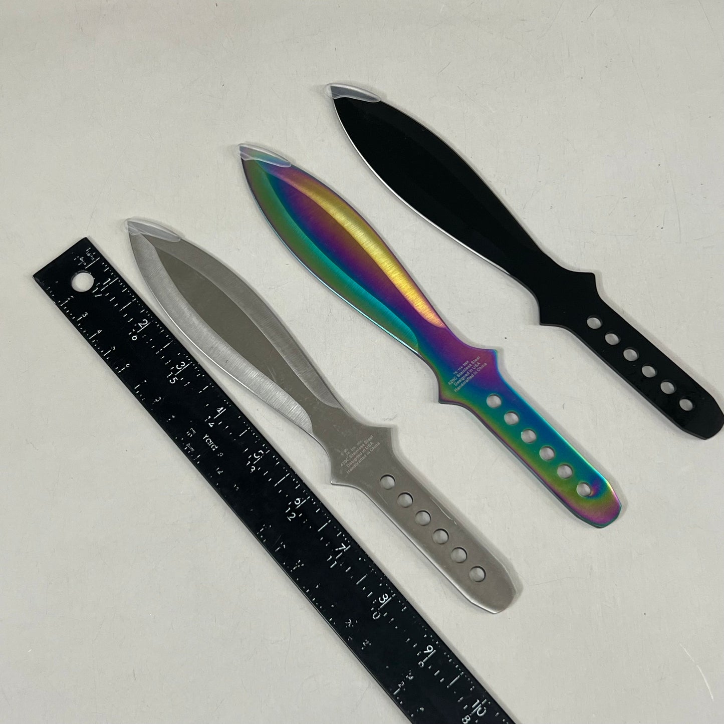 3 Piece Throwing Knife Set W/Sheath 9" Rainbow, Black, Silver Blades TK-114-3MX