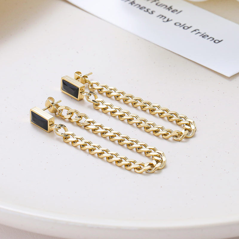 Dangle Chain Earrings with Cubic Zirconia Emerald and Gift Pouch