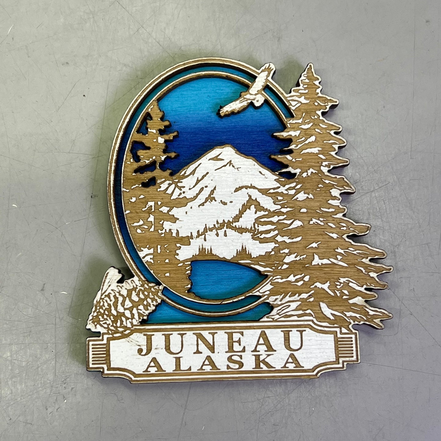 (2 PACK) Eagle in Mountains Laser Cut Wood Magnet Souvenir JUNEAU,AK Made In USA