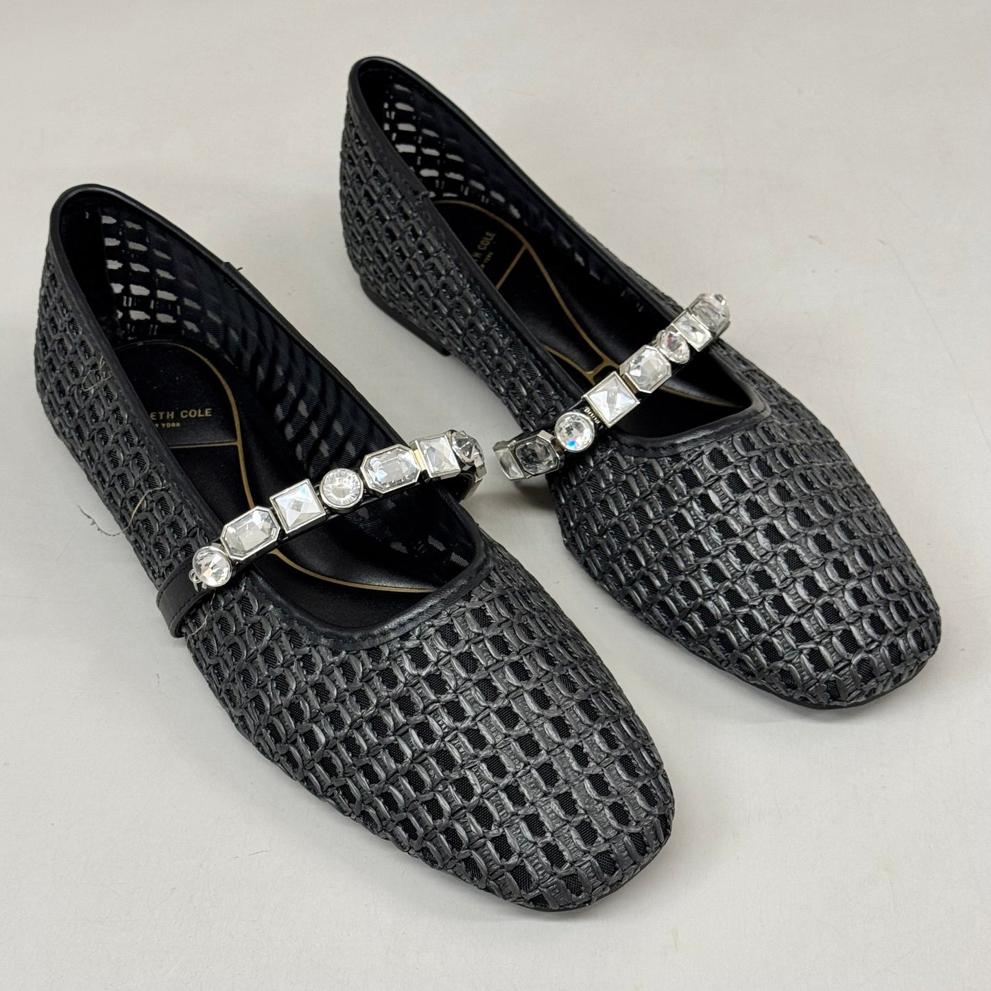 KENNETH COLE New York Zeta Raffia Jewel Jane Flat Women's Sz 9.5 Black KL25ZMJ01