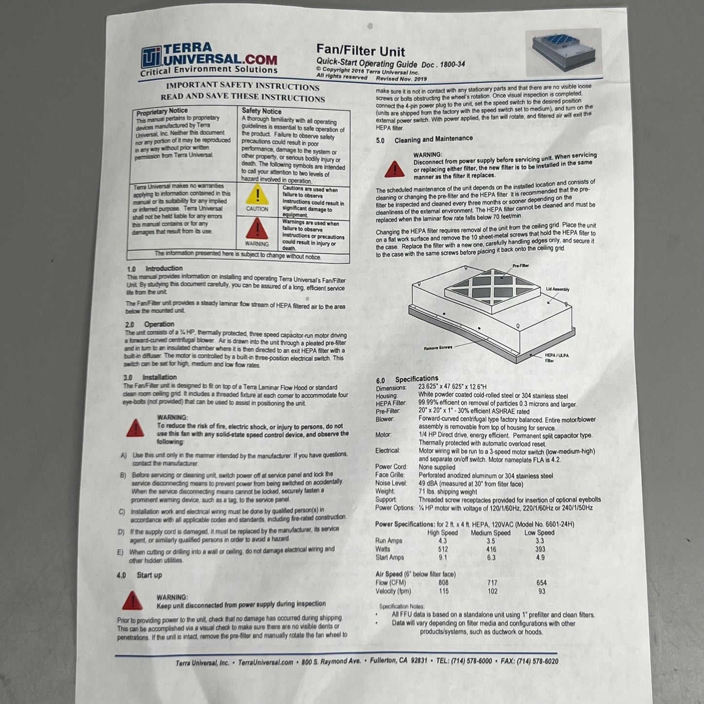 TERRA UNIVERSAL Whisper Flow Filtration System HEPA 240V 16"x36" White 6601-1636-H-220-P183498-3