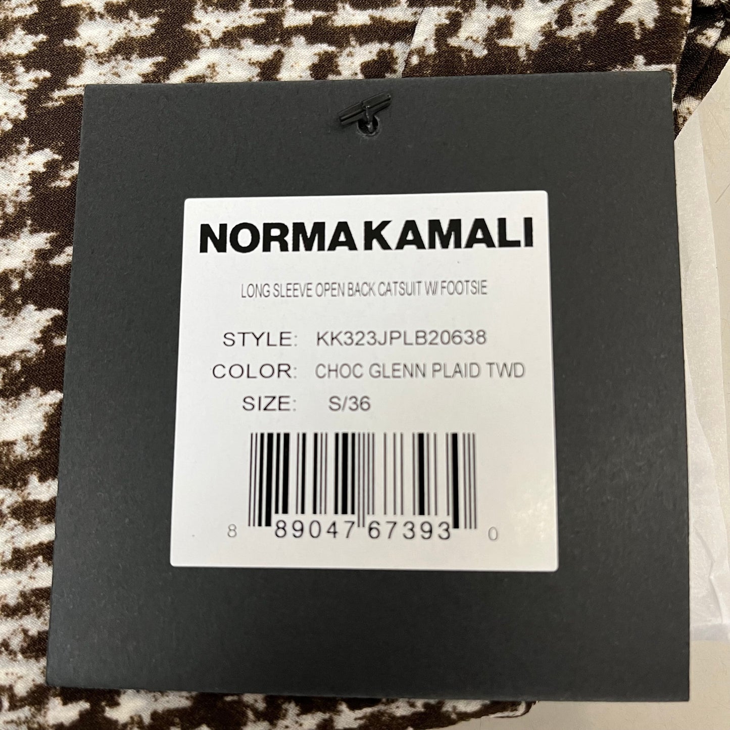 NORMA KAMALI Sleeve Open Back Catsuit Footsie Women's Sz S/36 Chocolate Plaid