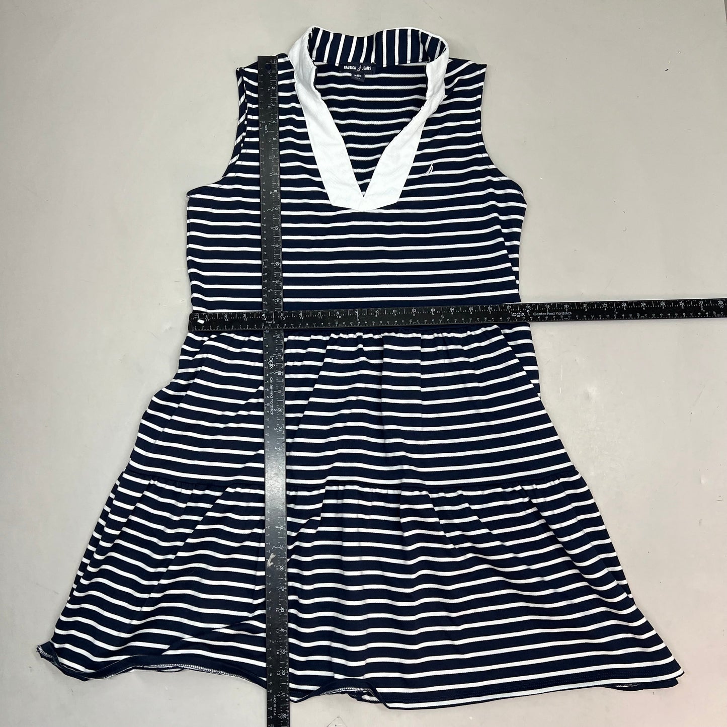 NAUTICA JEANS Tiered Collared Sleeveless Dress Women's Sz M Navy Blue/White