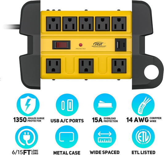 CRST 8-Outlet Heavy Duty Metal Power Strip | USB-C + USB-A, 1350J Surge Protector, Cord Wrap End Caps, Wall Mount, Resettable Switch, ETL Listed (UL 1363 / UL 1449)