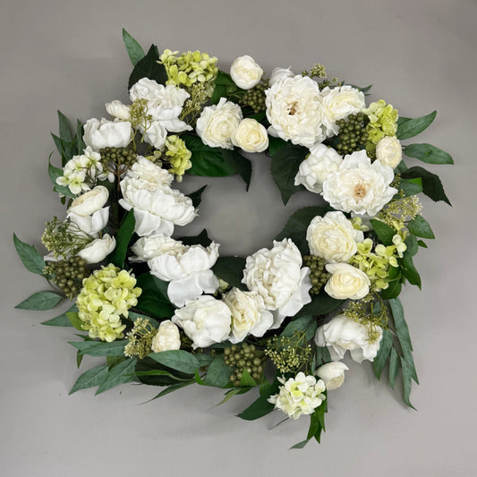 RAZ IMPORTS White Peony Ranunculus & Geranium Wreath 26" 129.00 W4402060