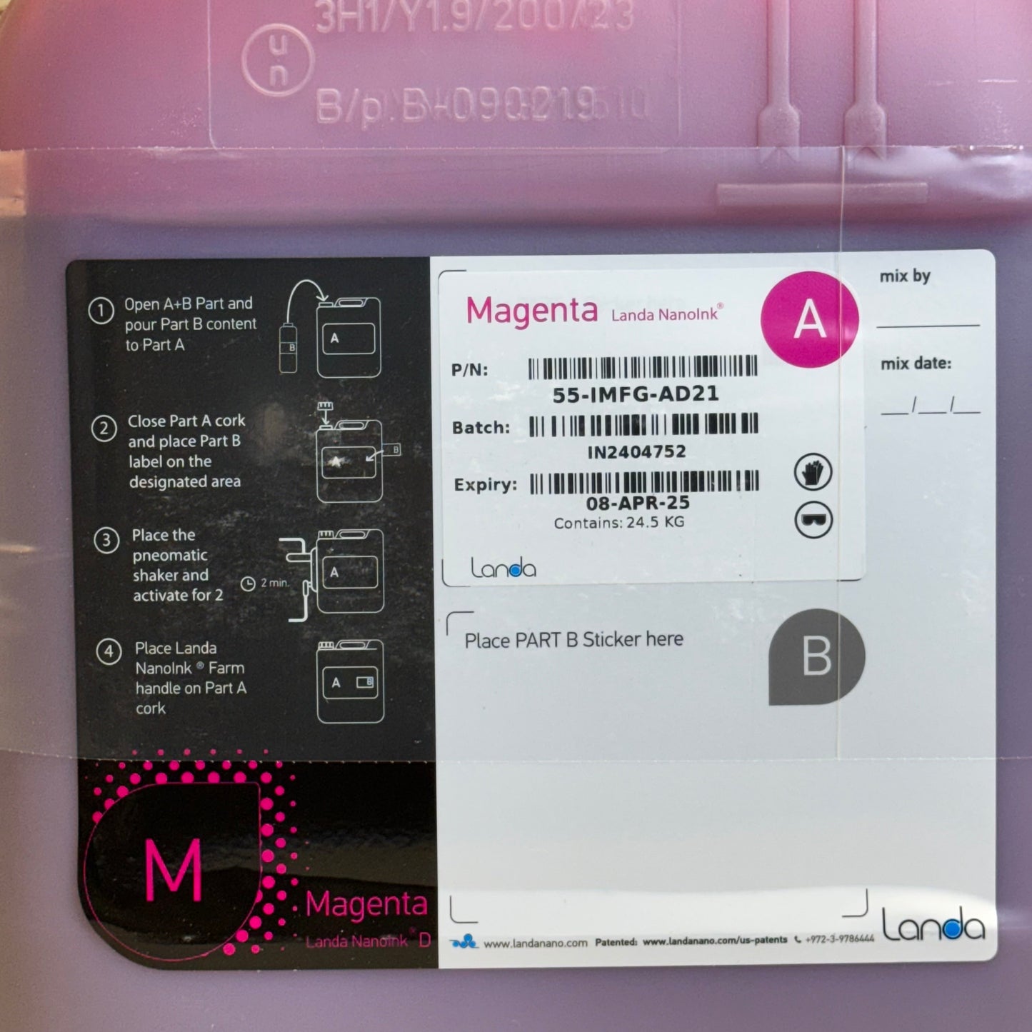 LANDA NANOINK Magenta Ink 25 Lit 6.6 Gallon Parts A & B 55-IMFG-AD21 BB04/25