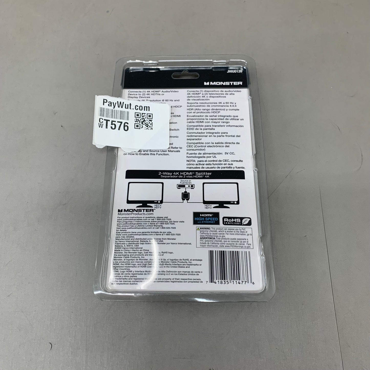 MONSTER 4K 2-Way HDMI Splitter 3"x3"Black JHIU0126