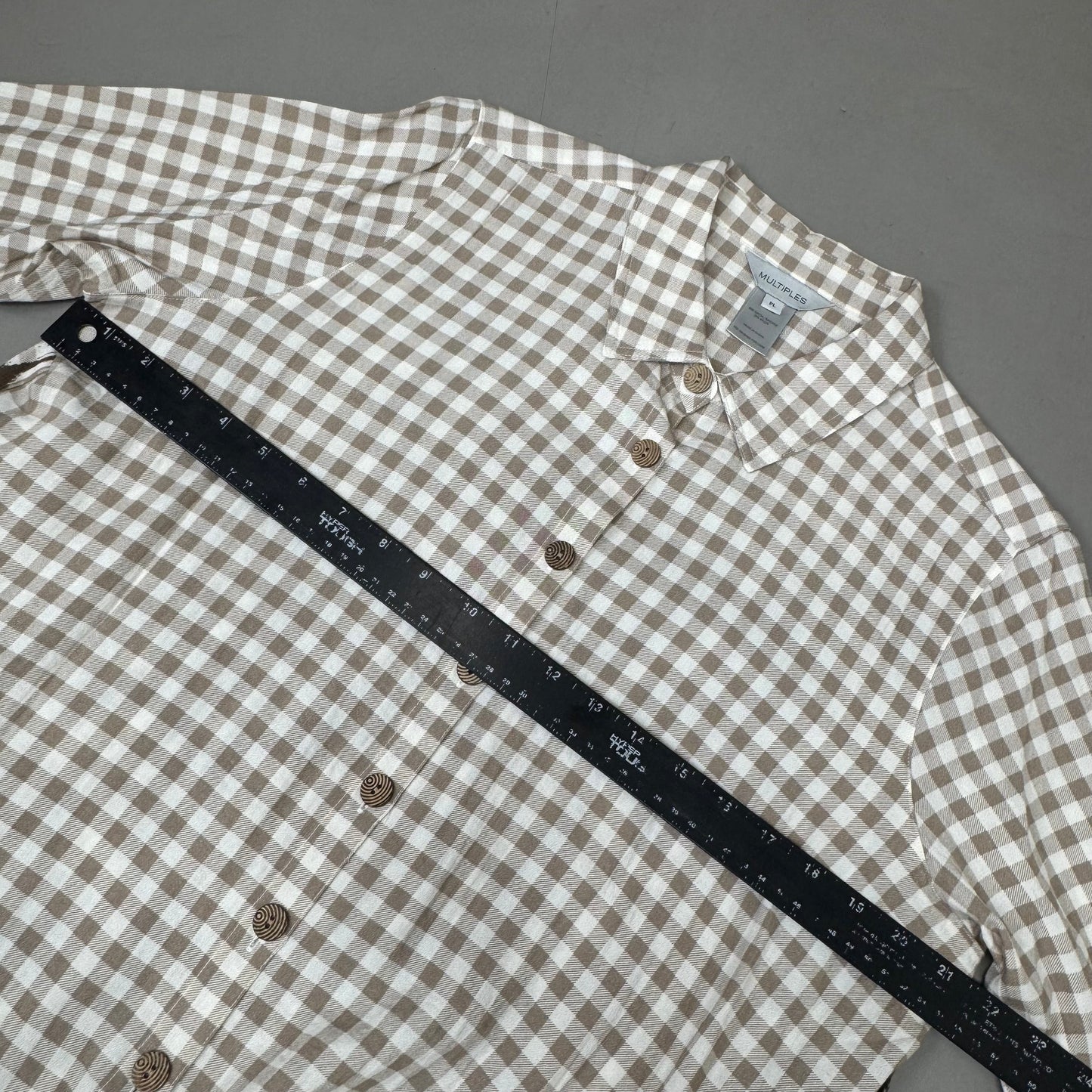 MULTIPLES Button-Up Plaid Shirt w/Cuff Petite Women's Sz PL Brown/Cream M44506BP