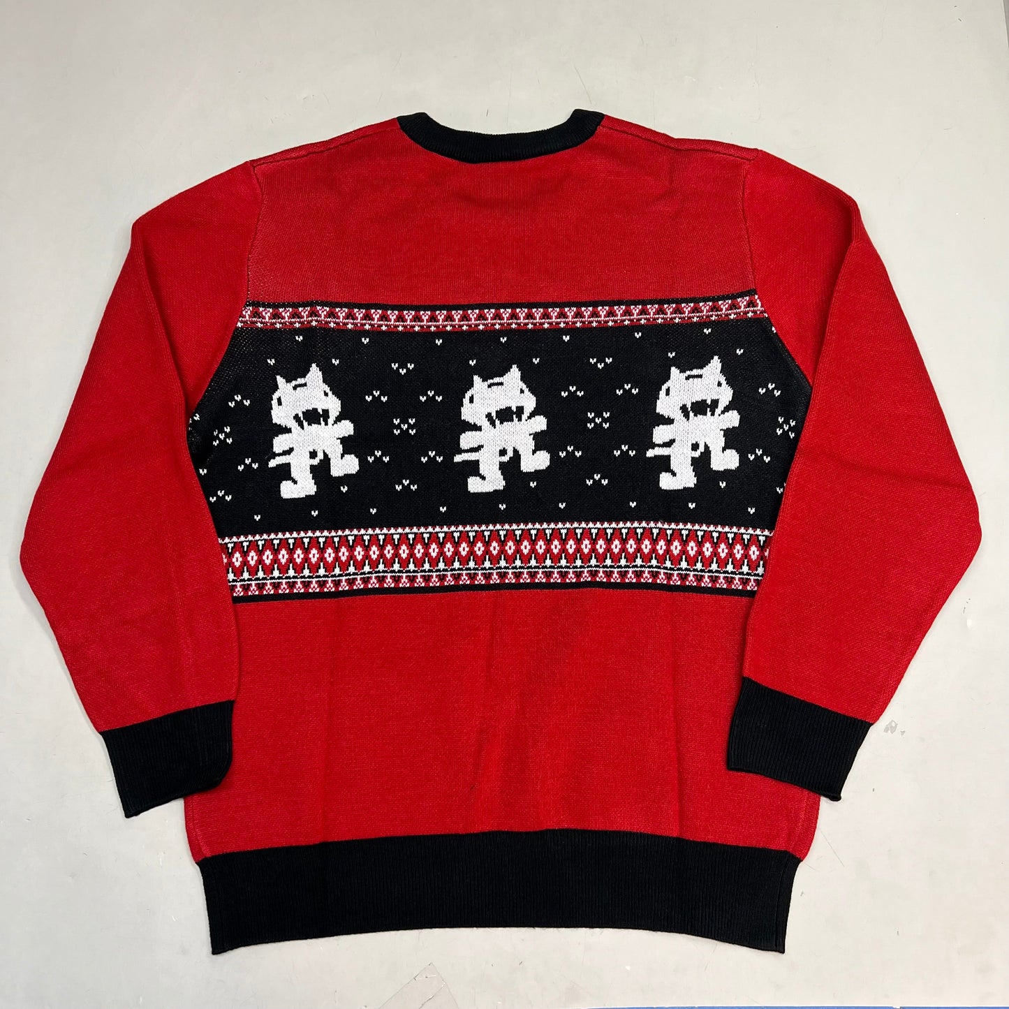 MONSTERCAT Records Holiday Intarsia Pullover Sweater Men's Sz S Deep Red/Black