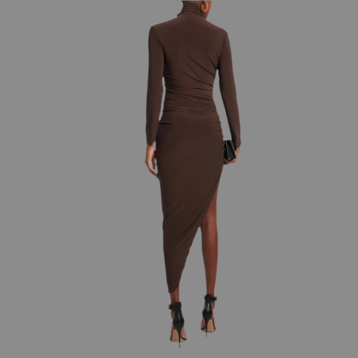 NORMA KAMALI Turtle Neck Ruched Side Drape Gown Unlined Women's S/36 Chocolate