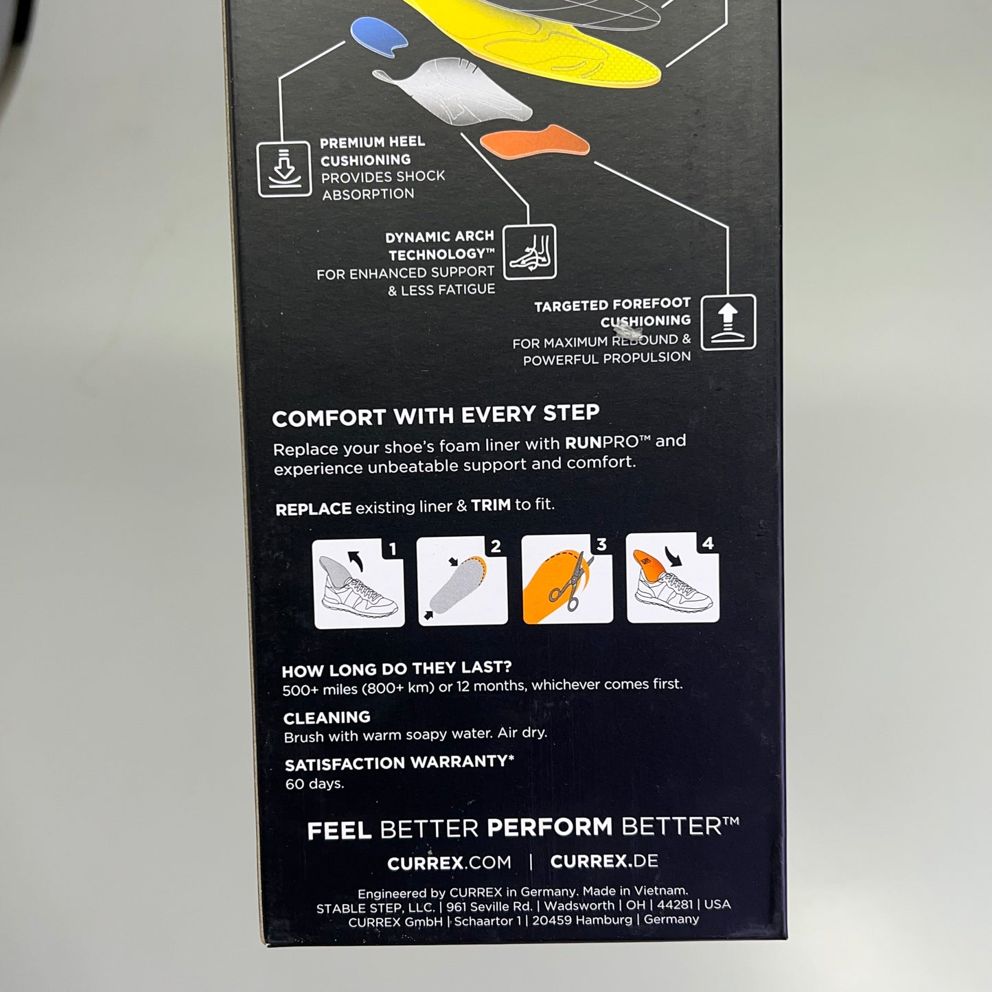 CURREX RunPro Comfort & Support Insole Mens Sz (M) 7-8.5 Black/Yellow 20123-18