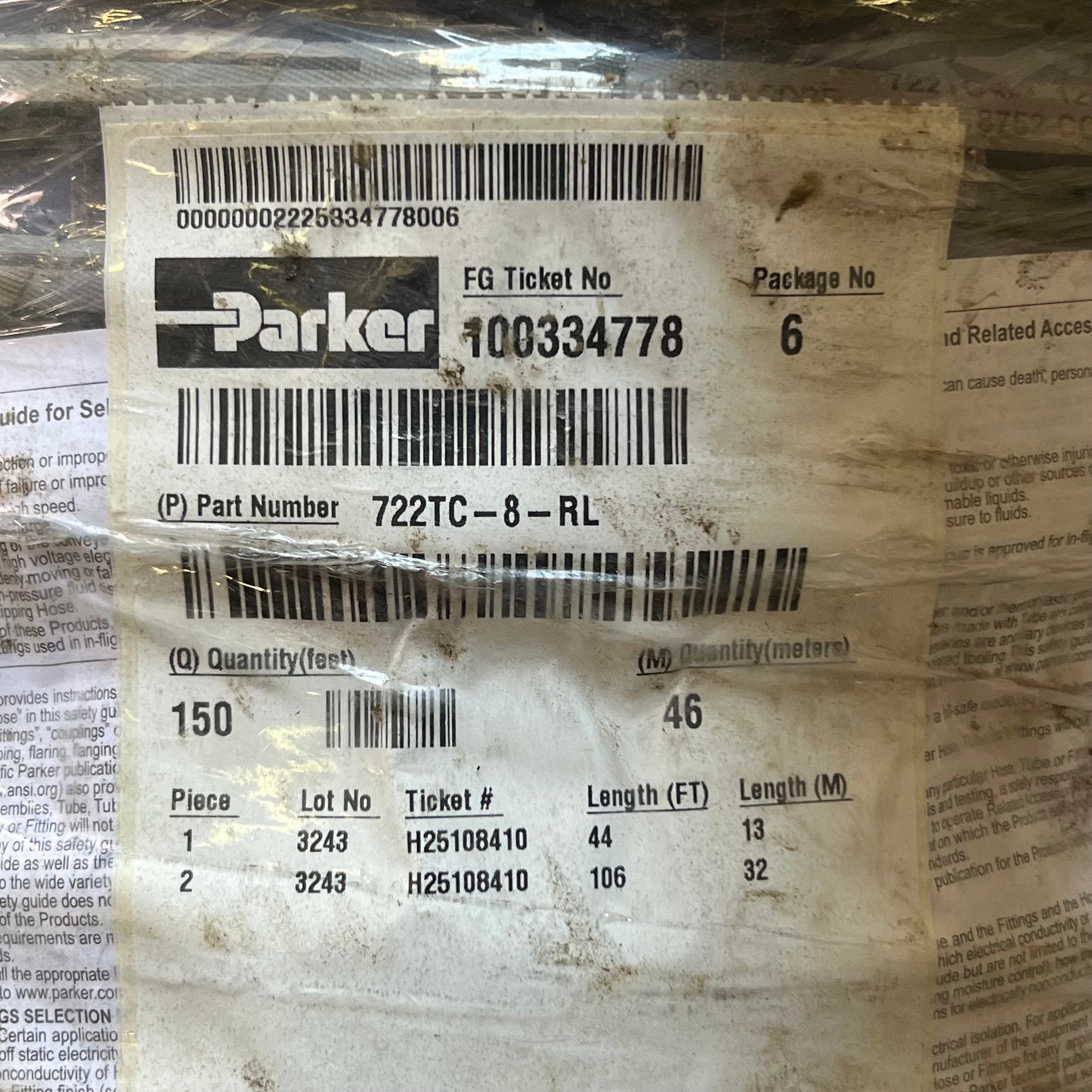 PARKER Hydraulic Hose 4000 PSI 1/2" I.D 100 ft Black 722TC-8-RL