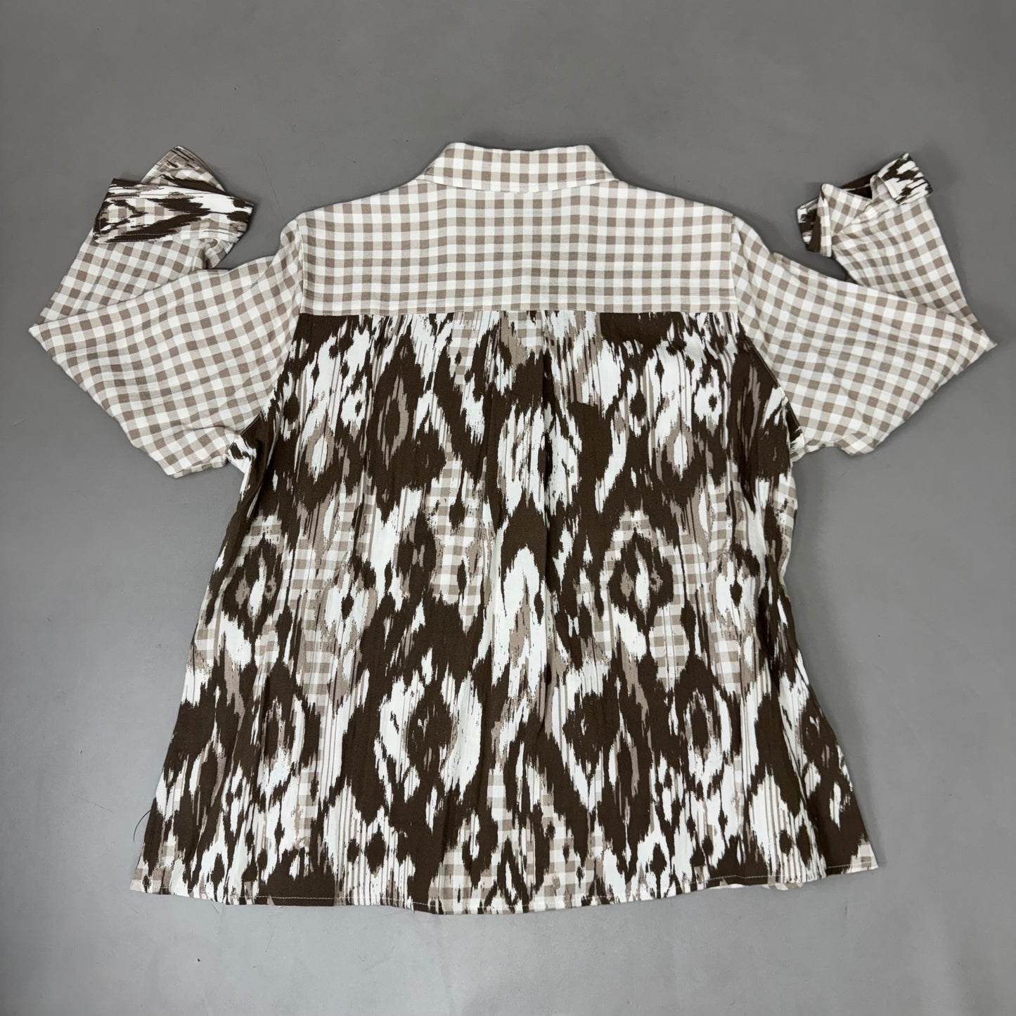 MULTIPLES Button-Up Plaid Shirt w/Cuff Petite Women's Sz PL Brown/Cream M44506BP